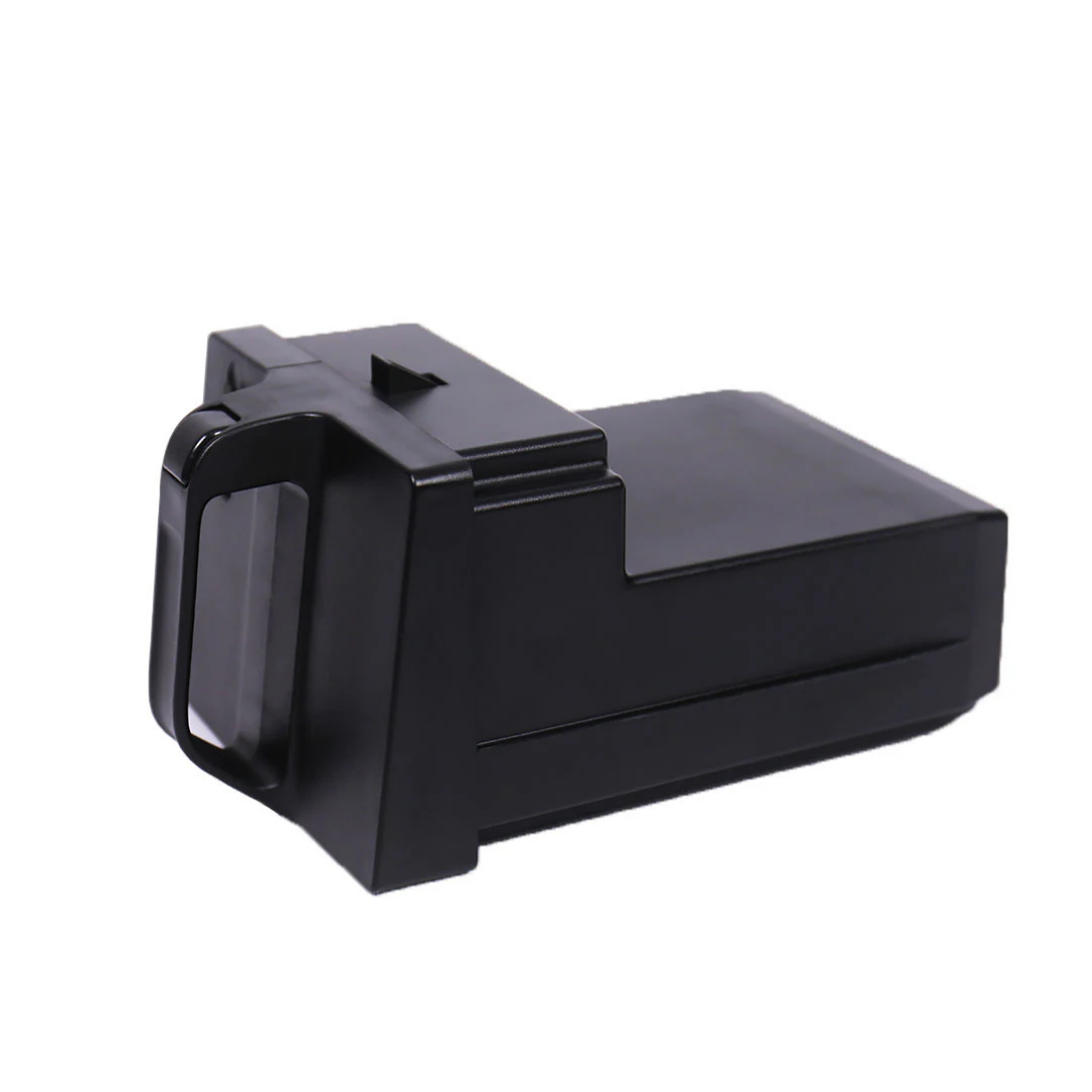 A black rectangular plastic toner cartridge with a handle, designed for printers or copiers, is isolated on white—similar in size to XSTO Batteries for the M4 Powerchairs.